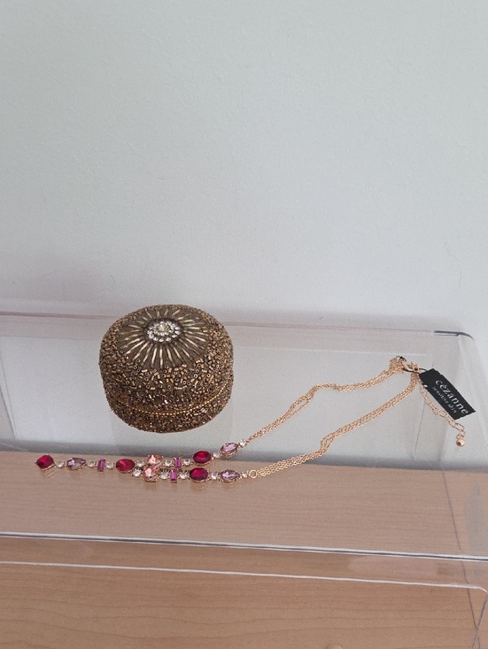 various Jewelry - Gold Tone NWT Necklace with Pink & Fuchsia Gemstones, Vintage Beaded Trinket Box